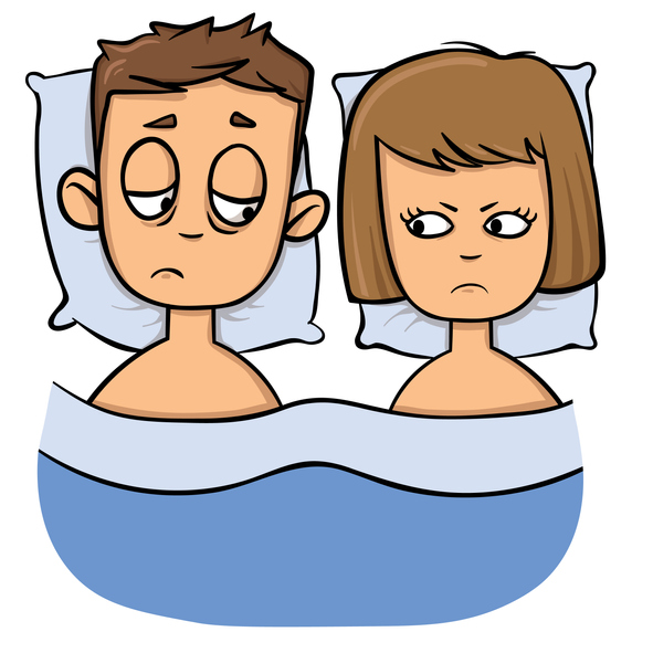 Unhappy young couple in bed, problems, family crisis. Cartoon design icon. Flat vector illustration. Isolated on white background.