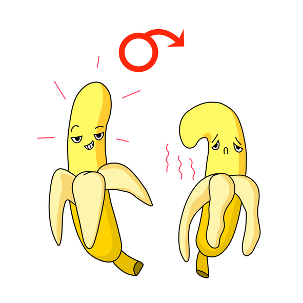Impotence erectile dysfunction emoji. Banana character. Flaccid soft penis. Stock vector illustration in flat cartoon style.